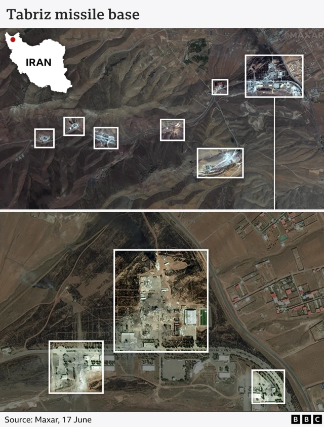 Annotated satellite images of the Tabriz base showing damage that may have been caused by Israeli air strikes