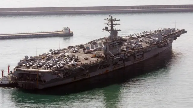 The USS Nimitz aircraft carrier is pictured in a South Korean port in 2023.