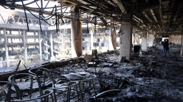 A view of the damaged building of Iranian state TV (IRIB) after an Israeli airstrike in Tehran
