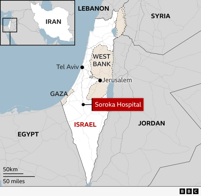 Map of Israel showing Soroka Hospital in Beersheba