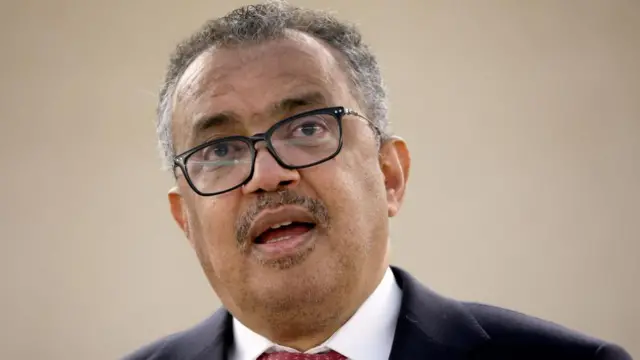 A close-up on Tedros Adhanom Ghebreyesus as he speaks.