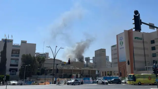 Smoke rises above Soroka Hospital