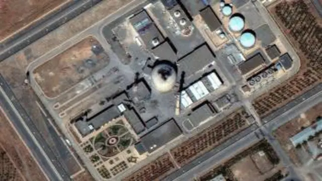 An aerial view showing a damaged reactor in the centre of  Iran’s heavy water reactor complex