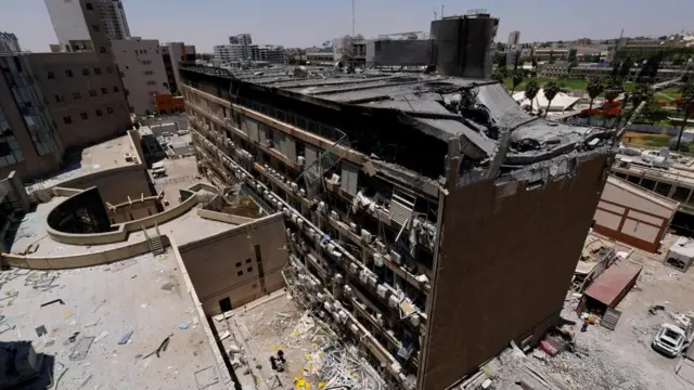 An aerial view of the Soroka hospital following today's missile strike
