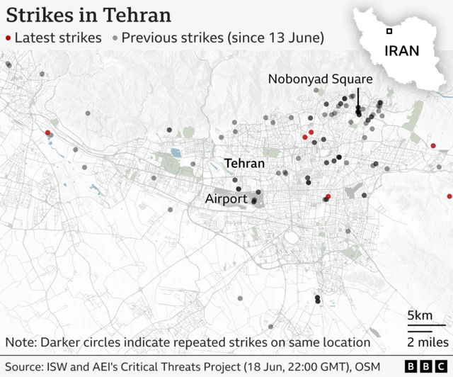A map of Tehran with areas where strikes have hit marked with dots