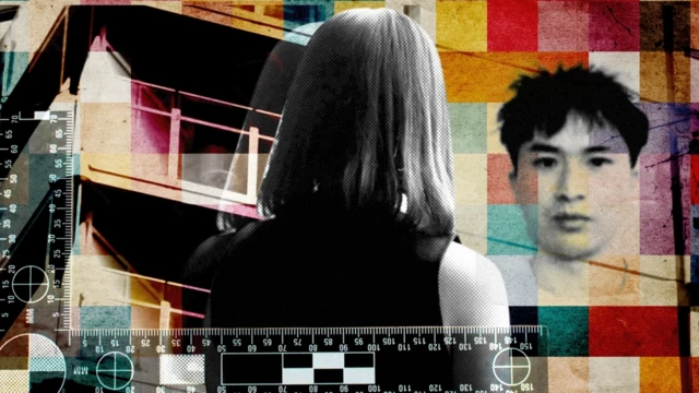 A composite image featuring the head and shoulders of a woman with her back to the camera, with shoulder length straight hair and wearing a sleeveless top. In the background to the right is a mugshot of Zhenhao Zou. The composite has been treated with a colourful chequered pattern.