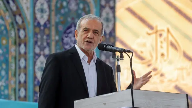 Iranian President Masoud Pezeshkian speaks during a meeting in Ilam