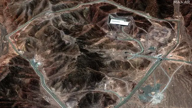 Maxar satellite imagery overview of the Fordo nuclear enrichment facility located approximately 60 miles southwest of Tehran.