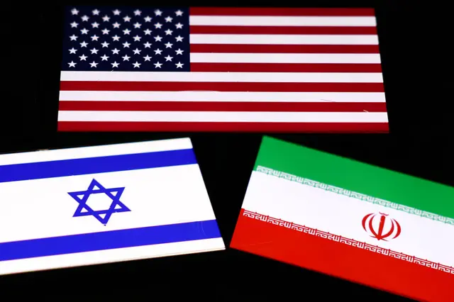 Flag of United States, flag of Israel displayed on a phone scree and flag of Iran displayed on a phone screen