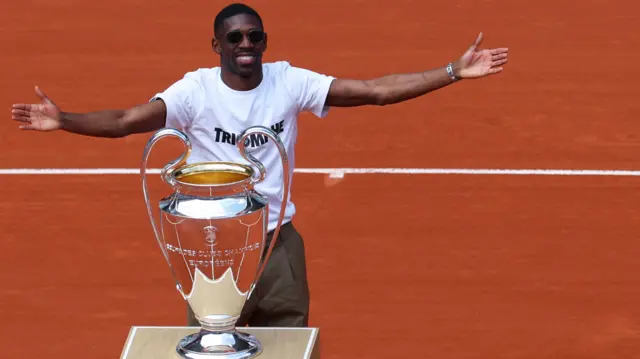 Ousmane Dembele with the Champions League trophy at Roland Garros