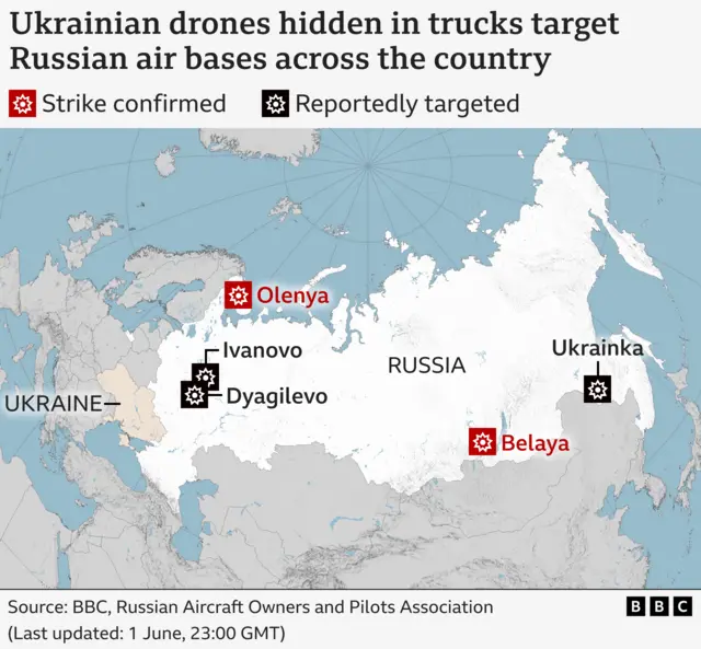 Map showing Ukraine's drone attack locations across Russia