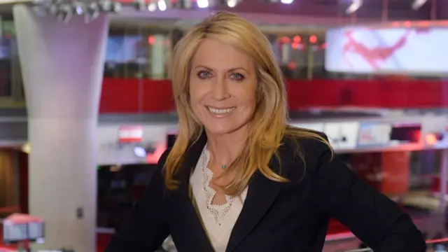 BBC News CEO Deborath Turness who has blonde hair and is wearing a dark suit jacket and white top