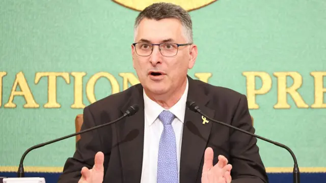 Israel's foreign minster Gideon Sa'ar speaks at a press conference Japan on 14 May 2025
