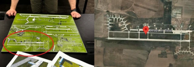 A picture released by the Ukrainian security service of one target (left) which we matched with satellite mapping (right)