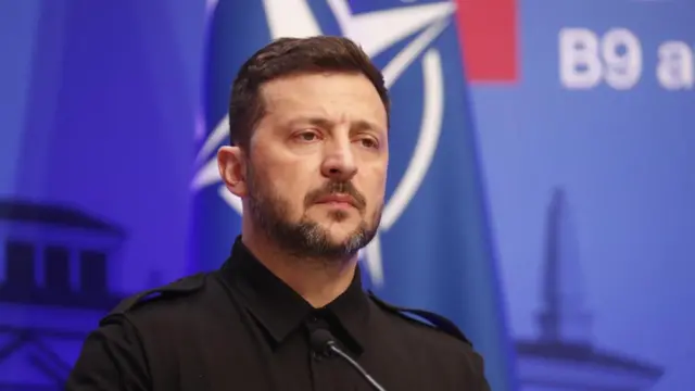 A close-up of Ukrainian President Volodymir Zelensky at a summit of Bucharest Nine and Nordic countries