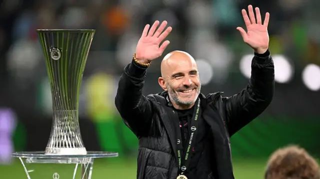 Enzo Maresca, Manager of Chelsea, acknowledges the fans