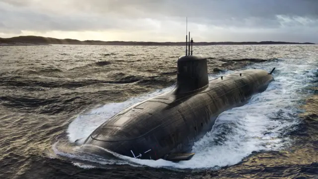 An illustration of what an SSN-AUKUS submarine will look like. The submarine is moving through the water at the surface in the illustration