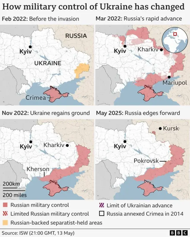 A map showing how the military control of Ukraine has changed since Russia launched its full-scale invasion in 2022