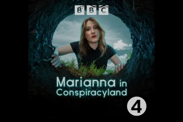 Promotional image for Marianna in Conspiracyland features Marianna Spring looking into a hole in the ground