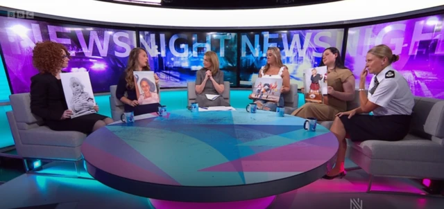 Four women hold up pictures of them as children as they appear on Newsnight with Victoria Derbyshire and deputy chief constable Becky Riggs
