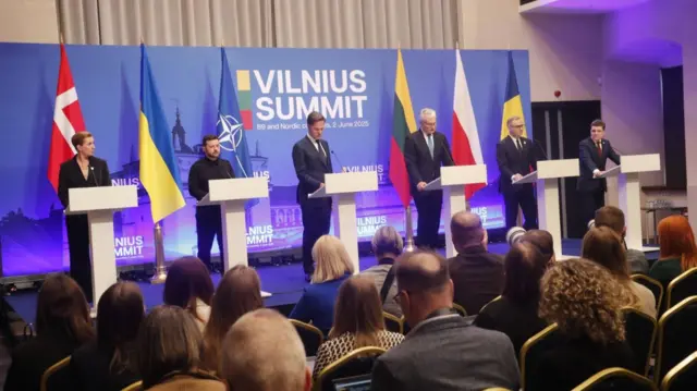 From left to right on stage: Denmark's Mette Fredericksen, Ukraine's Volodymyr Zelensky, Nato Secretary General Mark Rutte, Lithuania's Gitanas Nauseda, Poland's Andrzej Duda and Romania's Nicusor Dan on stage during press conference