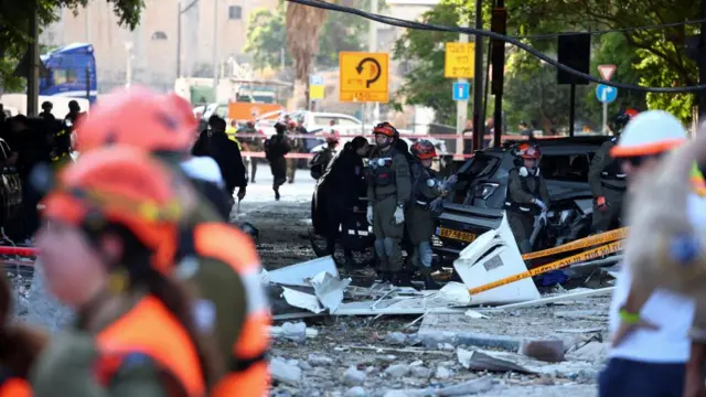 Debris on the road after an Iranian strike in Israel.
