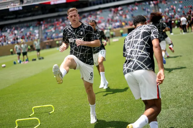 Delap warms up before the game v Flamengo
