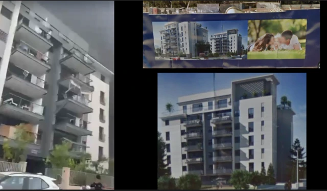 The apartment block seen in the video (left) could be matched to an architectural rendering on a hoarding at the site (top right and bottom right) which was caught by the Google Street View car
