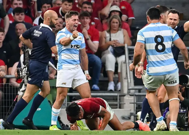 Santiago Cordero celebrates his try