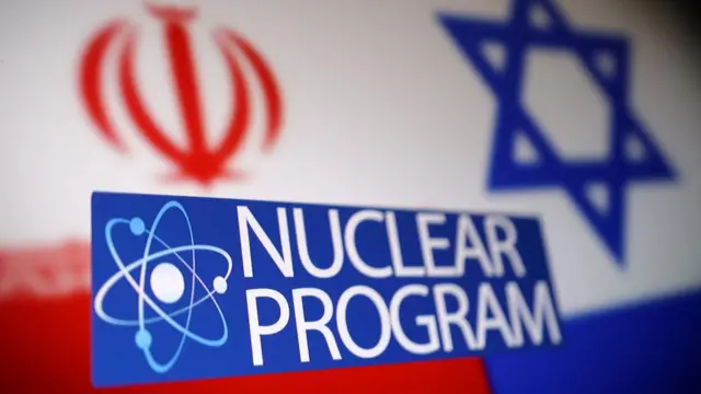 A nuclear programme logo with Iranian and Israeli flags behind it