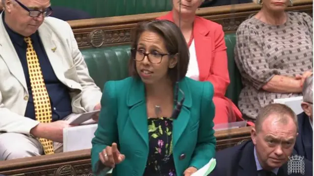 Munira Wilson in a forest green blazer and floral black dress stands to speak, Lib Dem Tim Farron sitting on the Commons benches to her left