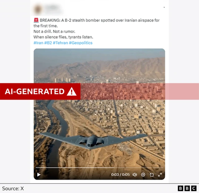 A screenshot of the AI-generated B-2 bomber video with the label AI-GENERATED