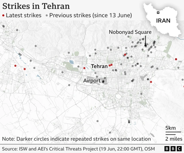 A map showing the trike attacks in Iran's capital Tehran