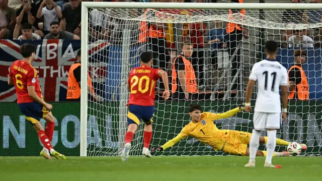 Javi Guerra of Spain scores his team's first goal from the penalty spot against James Beadle