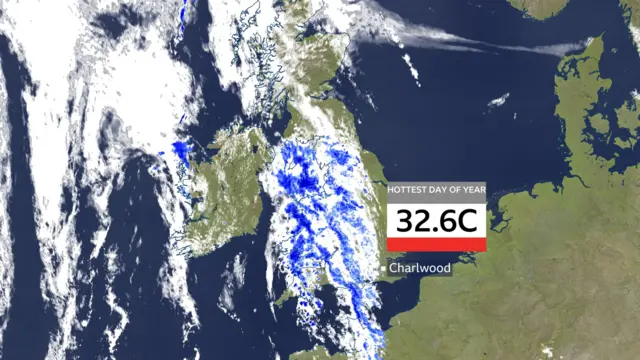 Satellite map of UK with graphic of cloud and rain covering the western side of the isles. A white box with a grey top reading Hottest Day of the Year with temperature recorded at 32.6C