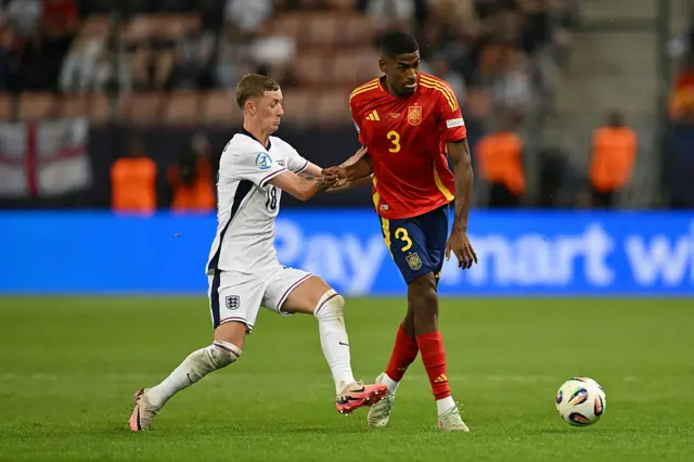 Cristhian Mosquera of Spain is challenged by Jay Stansfield of England