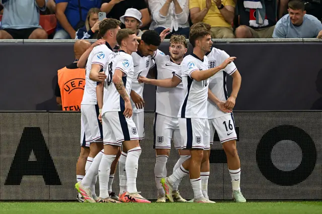 Harvey Elliott of England celebrates scoring his team's second goal with team mates
