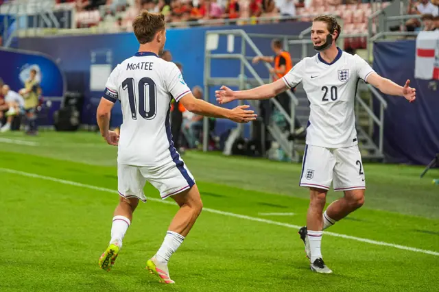 James McAtee of U21 England celebrates after scoring his side's first goal