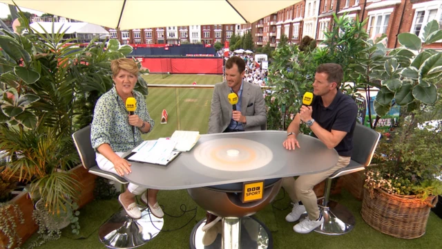 Clare, Jamie and Leon at a BBC Sport branded desk