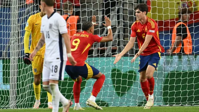 Javi Guerra of Spain celebrates scoring his team's first goal from the penalty spot with teammate Mateo Joseph