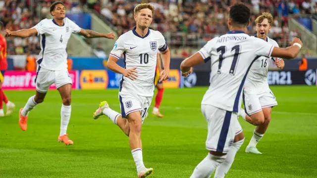 James McAtee of U21 England celebrates after scoring his side's first goal