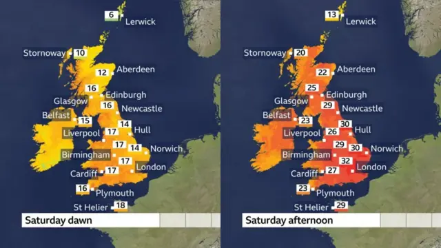 Map showing temperatures in UK, Saturday dawn and Saturday afternoon.