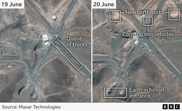 Graphic showing activity at Fordo site on 19 June and 20 June side by side, aerial view.