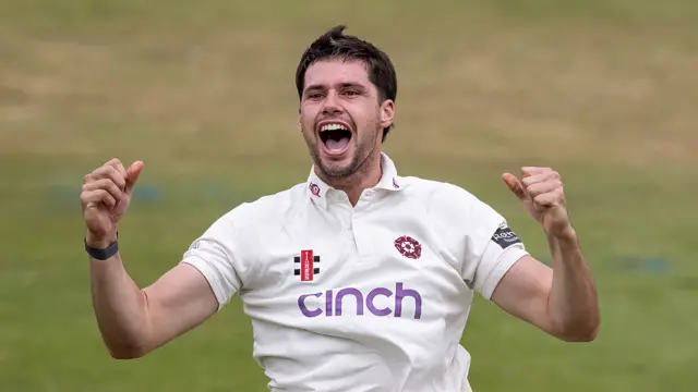 Justin Broad of Northamptonshire celebrates