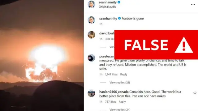 Instagram screengrab of US TV host Sean Hannity claiming report that "Fordow is gone" with a big red badge saying FALSE over the top of it