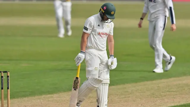 Ben Slater of Nottinghamshire starts the forlorn walk back to the dressing room