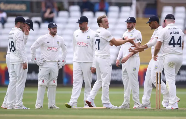Durham's Bas de Leede (centre) celebrates with team-mates