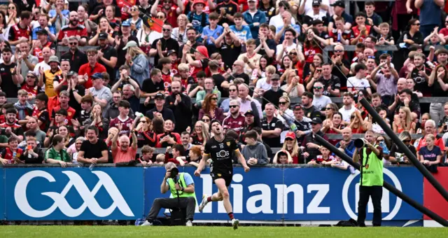 John McGeough of Down celebrates after scoring his side's first goal against Galway