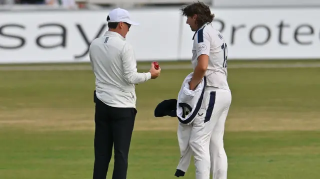 Jack White of Yorkshire takes the second new ball