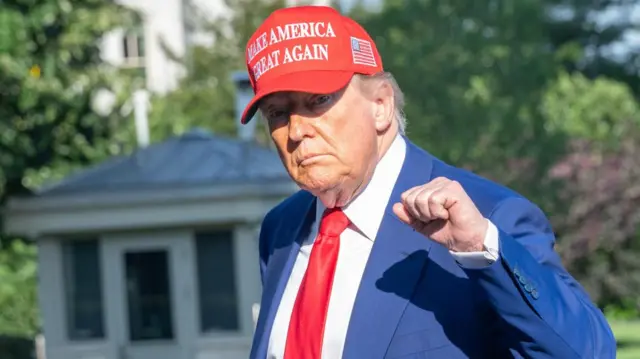 Donald J Trump gestures as he walks on the South Lawn of the White House